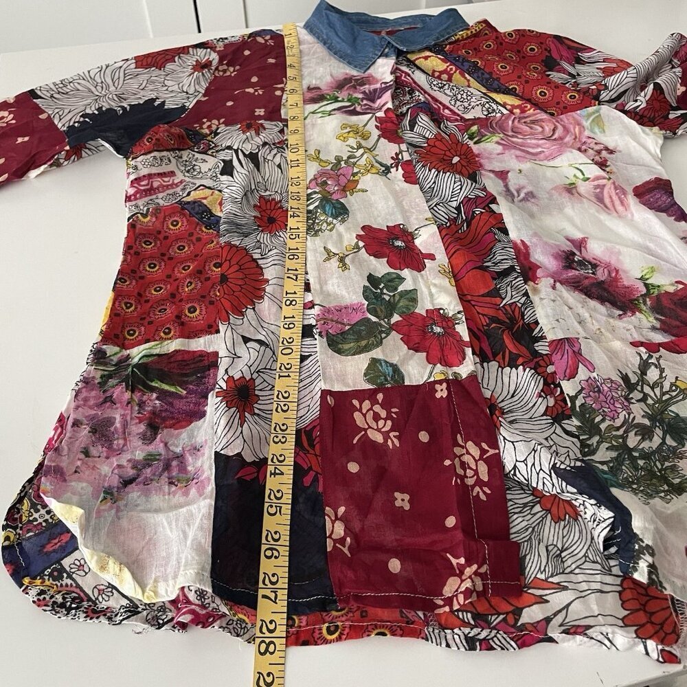 VINTAGE GOA FLORAL PATCHWORK SEMI SHEER COTTON BUTTON UP ROLL TAB TOP Medium - Picture 6 of 11